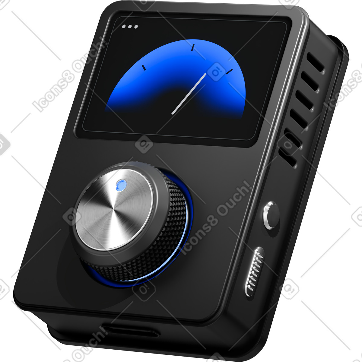 Controller device with blue gauge screen and metal control knob illustrazione in stile 3D Metallic scarica in PNG, SVG