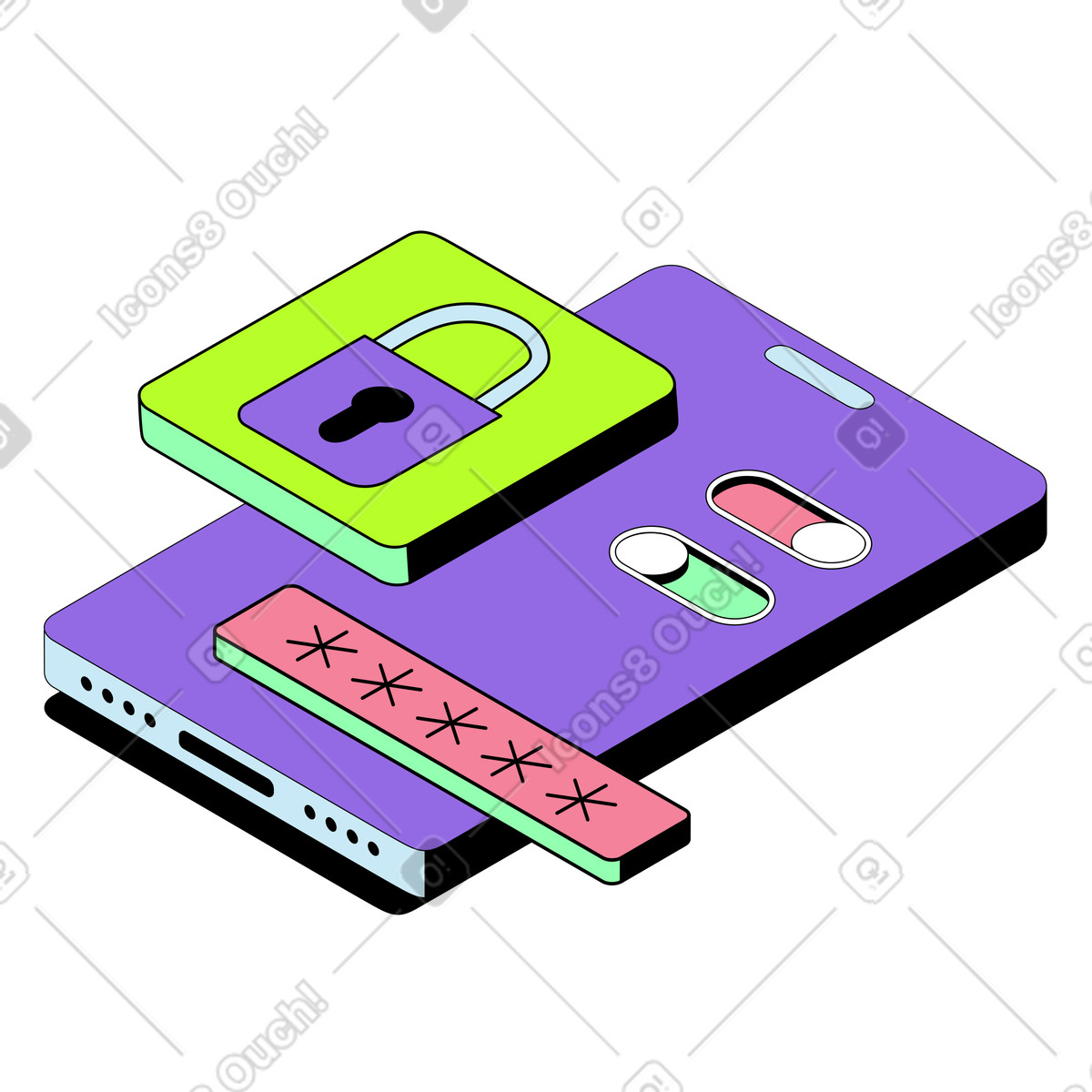 Password protection and smartphone privacy settings animated illustration in Project style download in GIF, Lottie (JSON), AE