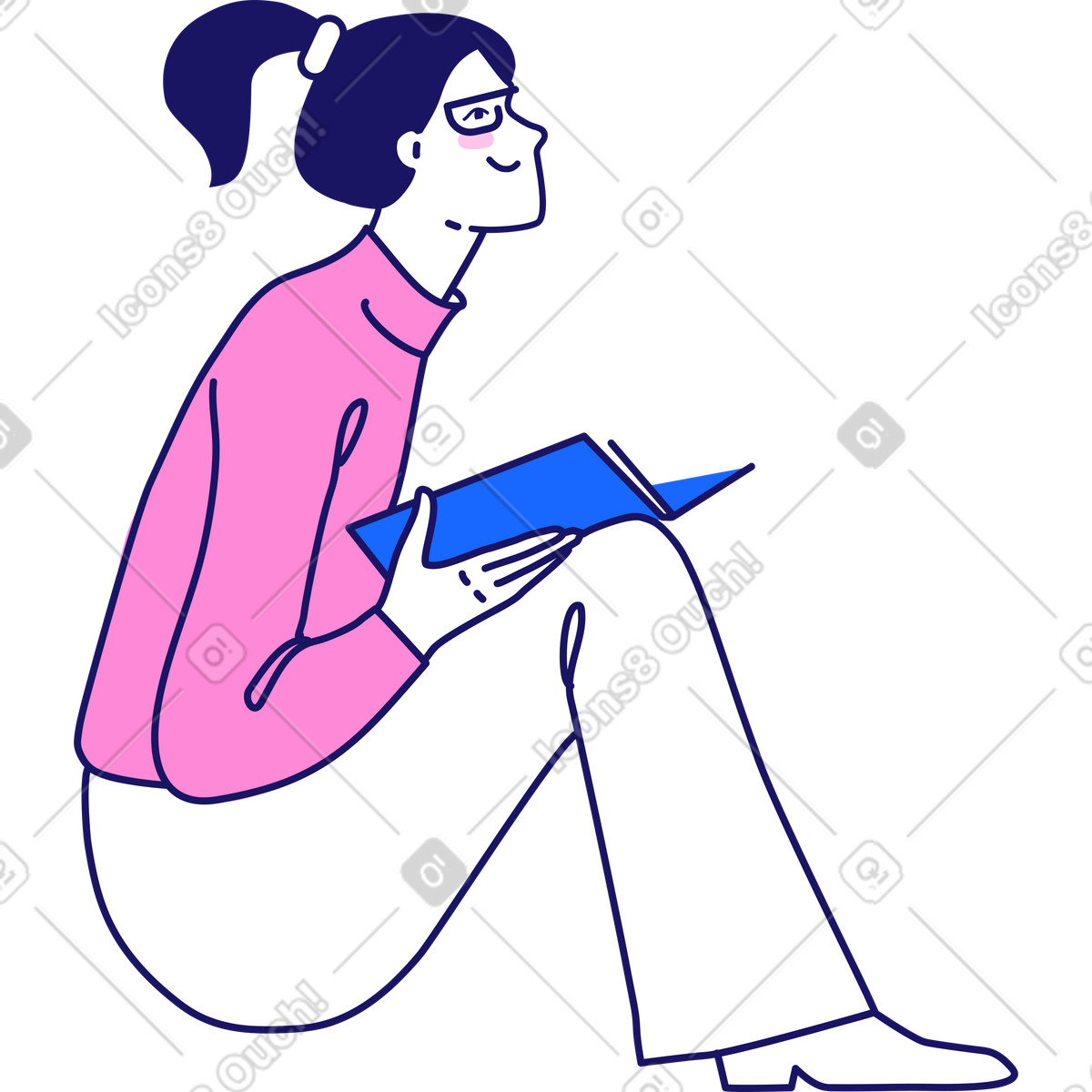 Sitzende frau mit einem buch-Illustration im Matey-Stil als Download in PNG, SVG