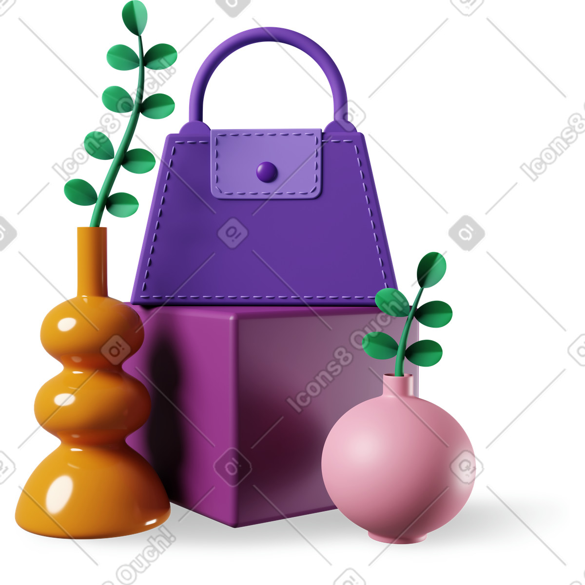 Borsa su cubo con piante e vasi illustrazione in stile 3D Plastic people scarica in PNG, SVG