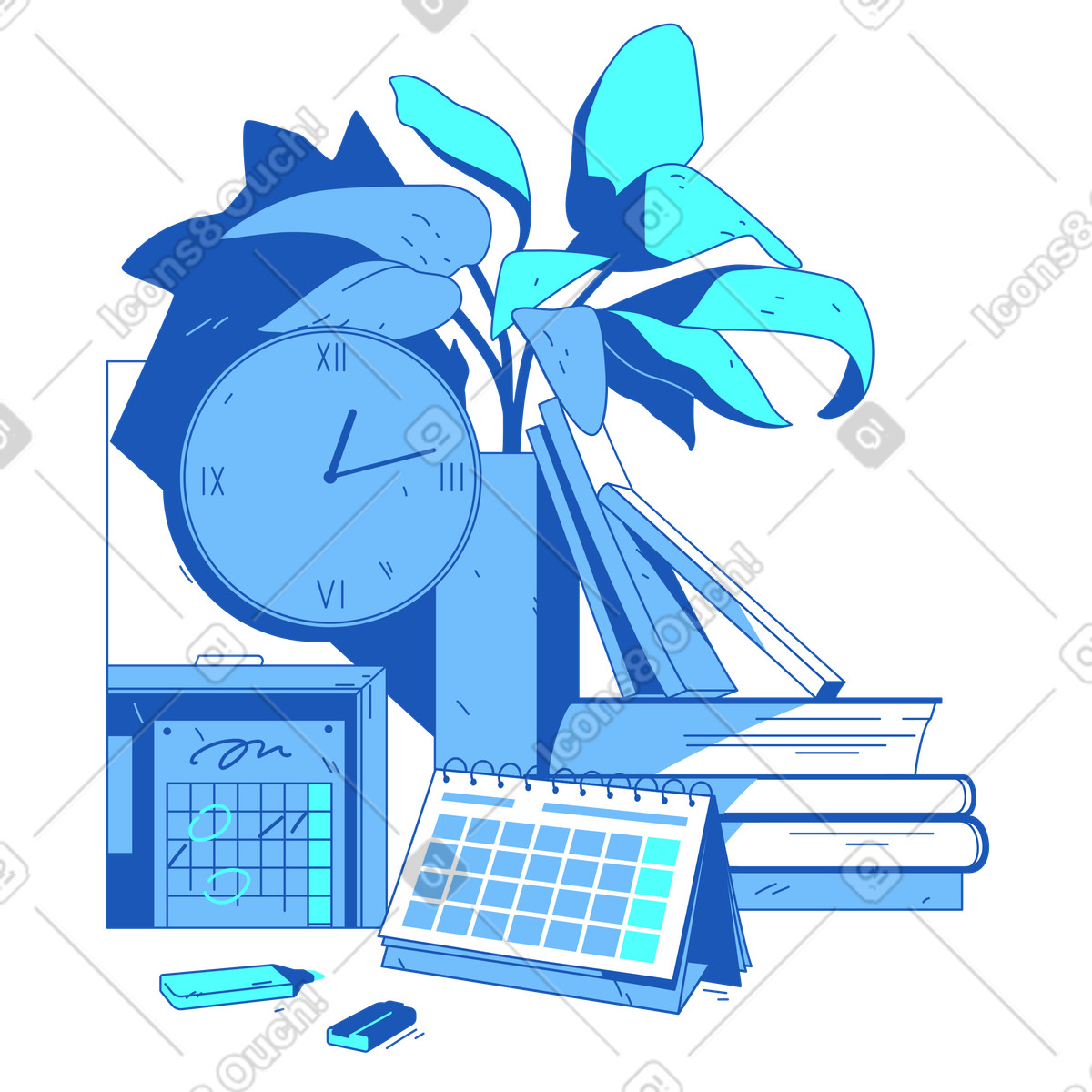 Calendar clock and plant with book stack illustration clipart image in PNG SVG