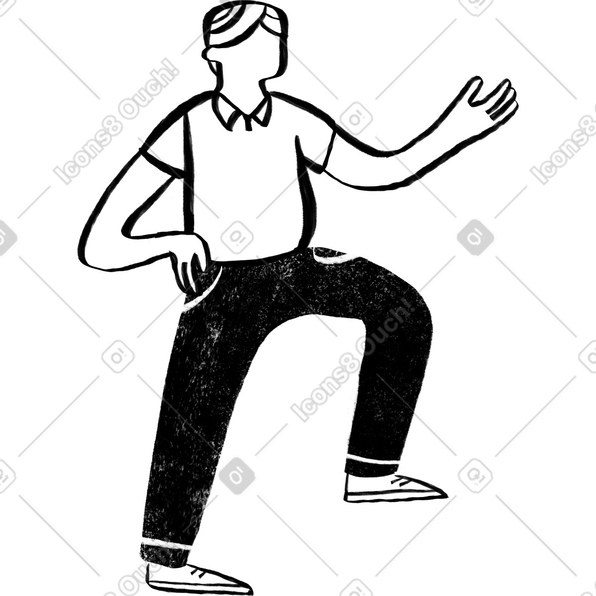 Schwarz-weißer mann, der mit gebeugtem bein und erhobenem arm steht-Illustration im Company-Stil als Download in PNG, SVG