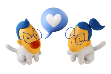 Two cheerful characters with glasses and blue hair - 3D Buddy style illustration