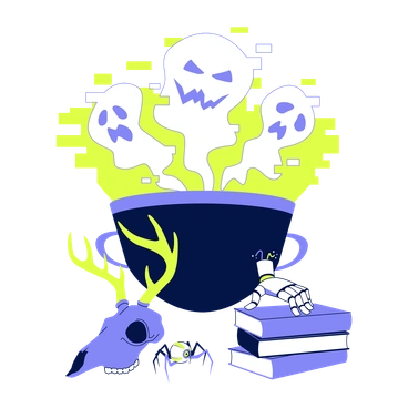 A cauldron with ghostly figures and skulls - Glow style illustration