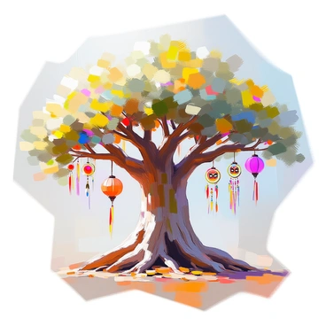 A giant, ancient tree standing tall with a thick, knotted trunk. The branches of the tree extend outward, each adorned with symbols and artifacts that represent various cultures and traditions. One branch features colorful lanterns representing Asian festivals, while another showcases intricate masks symbolizing African heritage. One side displays hanging dreamcatchers and feathers, representing Native American traditions, while another branch is adorned with European floral motifs and ribbons. The leaves of the tree are vibrant and varied, showing the diversity of cultures, and the roots spread wide, intertwining with the earth, symbolizing a deep connection to heritage.