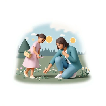 A mother, wearing a blue cardigan and jeans, is kneeling on the grass while closely inspecting the ground with a magnifying glass. Beside her, a young girl in a pink dress holds a small basket, looking eagerly at the area around them. Sunlight filters through the trees, and there are patches of wildflowers scattered throughout the scene. The mother has a focused expression, while the daughter looks excited and curious, enhancing the atmosphere of their shared adventure.