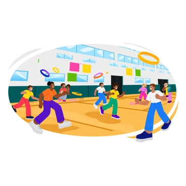 A group of children playing a game of hoops inside a bright gymnasium. They are using colorful hula hoops in vibrant shades of red, blue, green, and yellow. The children are smiling and laughing as they run and jump, some are trying to balance the hoops on their bodies while others are tossing them in the air. The gym has large windows that let in sunlight, illuminating the wooden floor and colorful banners hanging on the walls. In the background, there are other children participating in different activities, adding to the lively atmosphere.