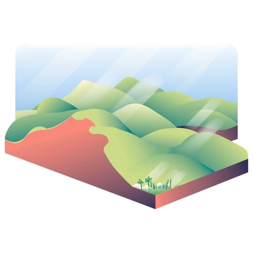 A landscape featuring rolling hills is highlighted by a distinct fault scarp, which showcases the effects of a normal fault. The hills are softly contoured, with varying shades of green and brown, creating a textured surface. The fault scarp is a prominent feature, with a steep, jagged edge that contrasts sharply against the gentler slopes of the surrounding terrain. Sunlight casts soft shadows on the hills, enhancing the depth and detail of the geological formations. In the foreground, sparse vegetation clusters around the scarp, with patches of grass and small shrubs dotting the landscape. The sky above is a clear blue, adding a sense of openness to the scene.