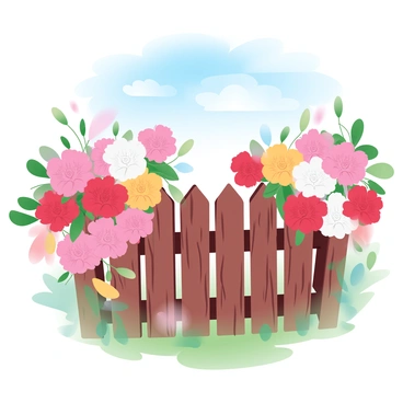 A wooden fence is partially covered in vibrant carnations of various colors, including pink, red, white, and yellow. The flowers are lush and full, cascading over the top of the fence. The background features a clear blue sky with soft, white clouds, and gentle greenery surrounding the area. Sunlight bathes the scene, casting soft shadows and highlighting the rich hues of the flowers.