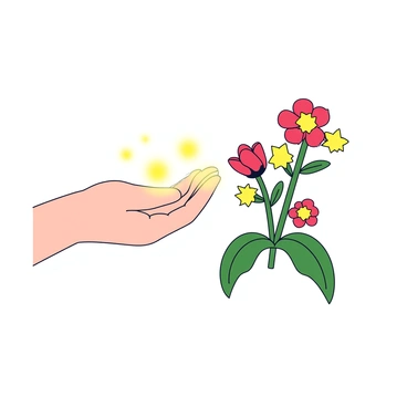 A hand with glowing light is gently touching the leaves of a small green plant. As the hand makes contact, vibrant flowers of red and yellow start to bloom instantly from the plant. The background is simple, emphasizing the interaction between the glowing hand and the flourishing plant. The scene captures the moment of transformation, highlighting the contrast between the soft glow of the hand and the vivid colors of the newly bloomed flowers.