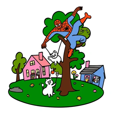 Spider-Man, a superhero in a red and blue costume with a web pattern, is perched high on a tree branch in a neighborhood park. He is reaching down to rescue a small, fluffy cat with white fur that is sitting on a lower branch, looking worried. The park is filled with green grass, colorful flowers, and a few scattered trees. In the background, there are houses with cozy porches and children playing. The scene conveys action and heroism, with Spider-Man's pose showing determination and focus as he prepares to save the cat.