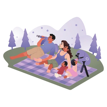 A family of four lying on a large, checkered blanket spread out across a green field. The father is on the left, with short dark hair and wearing a blue t-shirt and khaki shorts. The mother is on the right, with curly brown hair, wearing a purple tank top and denim jeans. They are both gazing up at the night sky filled with stars, using a telescope. Their two children, a boy and a girl, are positioned in the center of the blanket. The boy has medium skin and is wearing a red t-shirt and cargo shorts, while the girl has light skin and is wearing a pink dress. She is looking through a smaller telescope while the boy is resting on his elbows and pointing at the sky. Silhouettes of trees are visible in the background against the night sky.