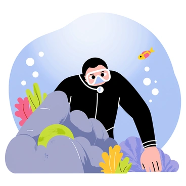 A scuba diver in a black wetsuit is exploring a vibrant underwater scene. The diver has a transparent face mask and is positioned near a cluster of gray rocks covered in colorful corals. Among the rocks, a green moray eel is partially hidden, its head peeking out from a crevice. Bubbles are rising around the diver, and small fish are darting in the background, adding life to the composition. Sunlight filters down from the surface, illuminating the underwater environment with a soft glow.