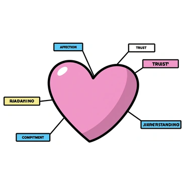 A cartoon-style heart, prominently displayed in the center of the image. The heart is bright red with a shiny, glossy finish. Surrounding the heart are labels in various colors, each connected with thin lines to different sections of the heart. The labels read "affection," "trust," "passion," "commitment," and "understanding," each placed strategically to highlight the diverse aspects of love. The background is plain to emphasize the heart and labels.