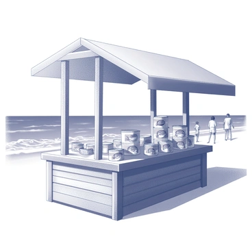 A seaside market stall crafted from wood, displaying an assortment of tinned fish arranged neatly on the countertop. The stall features a simple canopy, providing some shade over the products. Various labels are visible on the tins, showcasing different types of fish. In the background, the ocean creates a scenic view, with gentle waves lapping at the shore. The sky is clear, contributing to the overall brightness of the scene. Surrounding the stall, a few beachgoers can be seen browsing the products, adding life to the coastal setting.