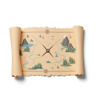 A treasure map laid out on aged parchment. The map features a large "X" marking the location of hidden treasures. Surrounding the "X" are various landmarks, including a tall mountain range with jagged peaks and a deep valley. There are winding rivers depicted flowing through the landscape, alongside dense forests filled with trees. Small illustrations of palm trees symbolize an island, and there are sketches of mythical creatures, such as a dragon and a mermaid, adding intrigue to the map. Paths made of dotted lines lead towards treasure locations, with compass roses and decorative borders enhancing the overall design.