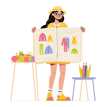 A cute girl with long, flowing brown hair is dressed in a vintage-inspired outfit, featuring a floral print dress and a wide-brimmed hat. She is standing in a bright, sunny room, showcasing her fashion sketchbook, which is open to pages filled with colorful sketches of various outfits. A pair of round glasses sits on her nose, and she has a cheerful smile on her face. Nearby, a small table holds art supplies, including colored pencils and fabric swatches, adding to the creative atmosphere of the scene.
