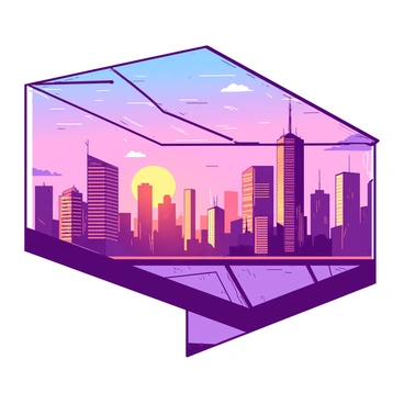 A vibrant city skyline is visible through a transparent glass ceiling. The sun is setting in the background, casting warm orange and pink hues across the sky. Tall skyscrapers with reflective windows are silhouetted against the colorful sunset. The glass ceiling is framed with thin metallic beams, allowing for an unobstructed view. Small clouds drift in the sky, accentuating the serene beauty of the evening.