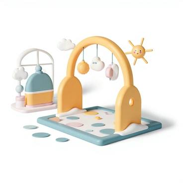 A cheerful baby gym with a colorful arch, featuring various hanging toys. The toys include a bright yellow sun and soft white clouds, each with cute facial expressions. The gym is set on a soft, patterned play mat with shapes and colors designed to stimulate visual interest. The sunlight streams down from a nearby window, enhancing the vibrant atmosphere of the scene. The overall arrangement is inviting and joyful, perfect for a baby's playtime.