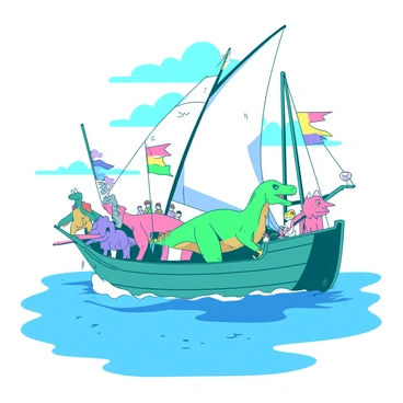 A teal ship with sails billowing in the wind is navigating across a vast blue sea. A crew of sailors, consisting of a variety of colorful dinosaurs, is actively working on deck. A large green T-Rex is at the helm, gripping the ship's wheel with its tiny arms while looking ahead. Nearby, a blue triceratops is hoisting a colorful flag that flaps in the breeze. Other dinosaurs, including a pink velociraptor and a yellow stegosaurus, are engaged in tying ropes and adjusting sails. The sky above is clear with a few fluffy clouds drifting, creating a lively atmosphere on the ship as it sails forward.