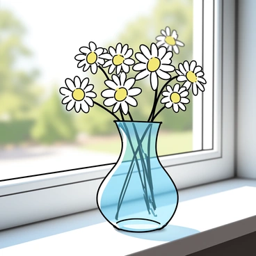 A simple glass vase, transparent and elegantly shaped, sits on a white windowsill. The vase is filled with a fresh arrangement of daisies, featuring white petals and bright yellow centers. Sunlight streams in through the window, casting soft shadows around the vase and enhancing the colors of the flowers. The background outside the window is blurred, depicting a sunny day.