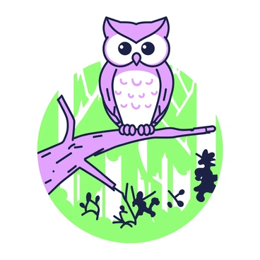 An owl is perched on a sturdy branch of a tree, showcasing its detailed feathers and large, round eyes that are wide open. The owl is facing forward, its head slightly turned, providing a clear view of its intense gaze. Below the branch, the forest stretches out, filled with trees and foliage. The owl seems to be surveying the vibrant scene beneath it, highlighting the textures of the bark on the branch and the leaves surrounding it. The background features a mix of tree trunks and greenery, adding depth to the forest setting.