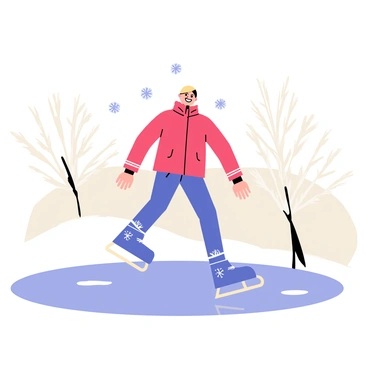 A short-haired girl wearing a bright red winter jacket and blue ice skates is gliding across a frozen lake. She has a joyful expression on her face as she balances on the ice. Snow-covered trees with white branches surround the lake, creating a wintry scene. Fluffy snowflakes are gently falling from the sky, adding to the atmosphere of the moment.