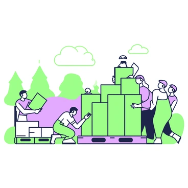 Workers stacking colorful boxes in a well-organized pattern in an open field
