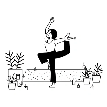 A person in a yoga pose on a patio, with one leg bent and the other extended, balancing gracefully. The individual is wearing a fitted tank top and loose yoga pants. The patio has a textured surface, and there are several candles arranged around the edges, some lit, casting faint shadows. Lush greenery, including ferns and small potted plants, is surrounding the patio area, providing a sense of tranquility. The sky above is clear, indicating a bright day.