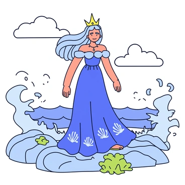 A majestic sea queen standing on a rocky shore. She has long flowing hair that billows in the wind. Her gown is a vibrant blue color, resembling the ocean, with delicate shell patterns. The waves are crashing around her, creating splashes of white foam. The rocky shore is textured and uneven, with patches of green seaweed visible. The sky is clear with a few wispy clouds, adding to the scene's dynamic feel.