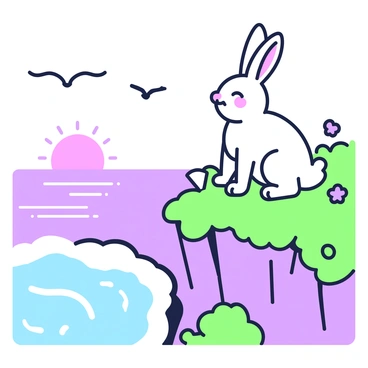 A rabbit is perched on the edge of a cliff, overlooking the ocean. The rabbit has soft, fluffy fur and its ears are perked up, catching the gentle breeze. Below the cliff, the ocean waves crash against the rocks, creating a white foam. The rabbit's eyes are closed, and its nose is twitching as it enjoys the fresh air. In the background, seagulls can be seen flying in the sky, and the sun is setting on the horizon, casting long shadows across the cliff. The cliffside features lush greenery, with a few colorful flowers peeking through the grass.