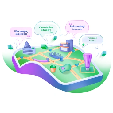 A modern pastel illustration featuring a detailed map with various locations marked by distinct icons. Each place is connected by dotted lines that represent paths of customer journeys. Surrounding the icons are speech bubbles containing testimonials, with quotes like "A life-changing experience" and "Exceptional service!" written inside. The map includes landmarks such as a park, a café, and a store, each placed thoughtfully to illustrate relationships in customer experiences. The overall composition is vibrant and engaging, inviting viewers to explore the connections.
