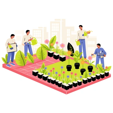 A small urban garden located on Pratt's campus, surrounded by brick pathways. There are various colorful flowers and green plants arranged in neat rows. A group of three students is actively tending to the plants; one student is watering the flowers with a bright green watering can, another is planting small seedlings in black pots, and the third is examining a leafy plant with a notebook in hand. In the background, there are hints of the campus buildings peeking through, creating a lively educational atmosphere. The sun is shining, casting soft shadows on the ground.