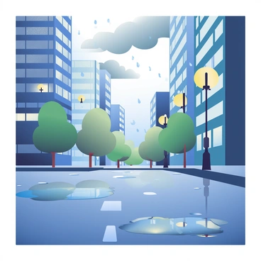 A cityscape features tall buildings with glass facades reflecting the rain. The sky above is overcast with dark clouds, and rain is visibly falling, creating droplets on the surfaces below. The pavement is a rich shade of blue, glistening with water and showing shimmering reflections of the surrounding urban structures. Streetlights emit a soft glow, illuminating the scene and enhancing the reflections. Puddles form on the ground, capturing the distorted images of the buildings and the cloudy sky above.