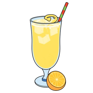 A tall, slender glass filled with clear ice cubes holding a bright yellow yuzu cocktail. The cocktail has a slight frothy top, shimmering in the light. A thin, curly twist of yuzu peel is elegantly draped over the rim of the glass, adding a pop of vibrant color. Beside the glass, a small halved yuzu fruit reveals its textured rind and juicy interior. A colorful straw is inserted into the drink, completing the inviting presentation.