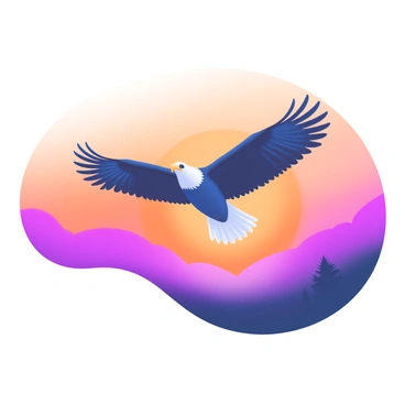 An eagle in silhouette soaring against a vibrant sky during sunset. The sky is filled with rich hues of orange, pink, and purple, blending seamlessly. The eagle's wings are spread wide, showcasing its powerful silhouette as it glides gracefully. Below, the landscape is darkened, providing a striking contrast to the bright colors of the sky.