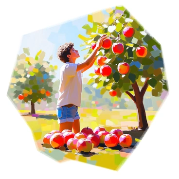 A person with medium skin tone and curly hair is reaching up to pluck ripe red apples from a lush green apple tree. The tree is full of shiny red apples, while several rotten, brown apples lie scattered on the ground, ignored. The person is wearing a casual, light-colored shirt and denim shorts, focusing intently on selecting the best fruits. Sunlight filters through the leaves, casting dappled shadows on the ground. The surroundings are a vibrant orchard setting, with other trees in the background.