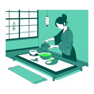A teal room features a traditional Japanese tea ceremony setup. In the center, a wooden low table is adorned with a beautiful white tatami mat. A person in a kimono, with delicate patterns, is gracefully pouring matcha from a teal tea pot into a white bowl. Beside the bowl, there is a set of white tea utensils arranged neatly. The atmosphere is calm, highlighted by simple teal decorations and white paper lanterns hanging gently. The matcha is a vibrant green as it swirls in the bowl, capturing the essence of this time-honored ritual.