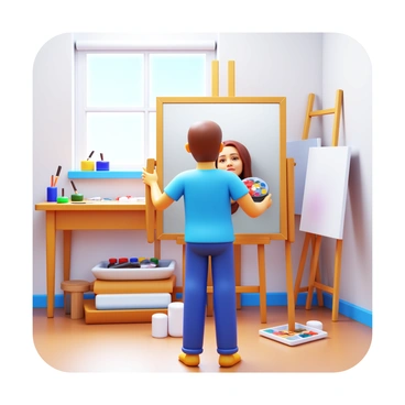 An artist standing in front of a large mirror, holding a paintbrush and palette. The artist is focusing intently on their reflection, which reveals their face and upper body. The studio is filled with various art supplies, such as paints and brushes, scattered across a wooden table. Canvases are propped against the walls, showcasing different stages of artwork. Soft natural light filters through a window, illuminating the scene and casting gentle shadows.