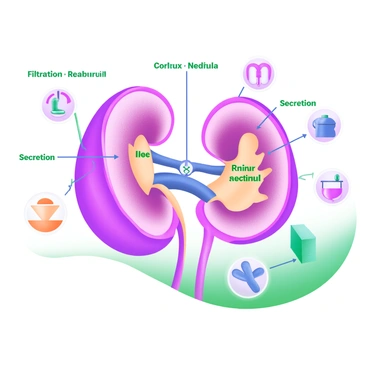 A detailed illustration of a human kidney, showcasing its structure and function. The kidney is depicted in a cross-sectional view, revealing the cortex, medulla, and renal pelvis. There are labeled sections indicating the glomerulus, nephrons, and collecting ducts. Bright colors are used to differentiate each part, with arrows showing the flow of blood and urine. Surrounding the kidney are icons representing functions such as filtration, reabsorption, and secretion. The background is a soft pastel color to enhance the visual clarity of the kidney's features.