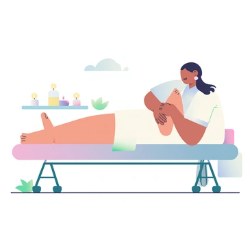 A person with light skin is lying on a massage table in a serene spa environment, receiving a calf massage. The individual has long, dark hair tied back and is wearing a soft, white robe. The massage therapist, who has medium skin, is using their hands to gently knead the person's calves, which are exposed and relaxed. Surrounding the table are candles providing a warm glow, and plants add a touch of greenery to the tranquil space. A soft towel is draped over the person's lower back for comfort.