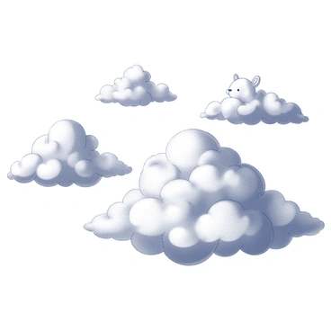 A sky filled with oversized clouds that resemble giant fluffy animals. The clouds take on the shapes of various animals, such as a large bunny, a massive elephant, and a gigantic bear. Each cloud is distinctly shaped, with soft, rounded contours and fluffy textures. The animals appear whimsical and playful, inviting the viewer's imagination. The clouds form a dynamic composition, occupying the entire sky and creating a sense of wonder and exaggeration in the scene.
