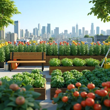 A rooftop urban garden filled with vibrant flowers in various colors, including red, yellow, and blue blooms. There are also rows of lush green vegetables such as tomatoes, peppers, and leafy greens growing in neatly arranged planter boxes. The garden is set against a backdrop of a bustling city skyline with tall buildings and a clear blue sky. Sunlight casts warm tones over the garden, highlighting the rich colors of the plants. Garden tools and watering cans are placed around, and a wooden bench provides a place to sit and enjoy the view.