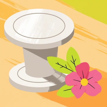 A portafilter made of shiny stainless steel is positioned on a wooden table. Next to it, a vibrant flower in full bloom features bright pink petals with a yellow center. Soft green leaves surround the flower, contrasting with the metallic surface of the portafilter. The scene is illuminated with warm sunlight, creating gentle shadows and highlighting the details of both the portafilter and the flower.