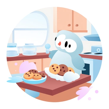 A baby owl with soft feathers is perched on a wooden countertop in a cozy kitchen. The owl is clutching a small tray filled with an assortment of freshly baked cookies, including chocolate chip and sugar cookies, each with a golden-brown hue. In the background, the kitchen is filled with warm colors, featuring wooden cabinets and a vintage-style stove. A few cookie jars are arranged nearby, and soft light filters through a window, creating a welcoming atmosphere. A small kitchen towel is draped over one side of the countertop, adding to the homey feel.