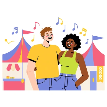 Two friends are standing together at a lively festival. One friend has short brown hair and is wearing a bright yellow t-shirt, while the other has curly black hair and is dressed in a green tank top. They are both smiling and laughing as they enjoy the vibrant atmosphere. Surrounding them are colorful tents in shades of red, blue, and purple, creating a joyful backdrop. Musical notes are illustrated around them, symbolizing the lively music that fills the air. There are various food stalls nearby with banners, adding to the festive ambiance.