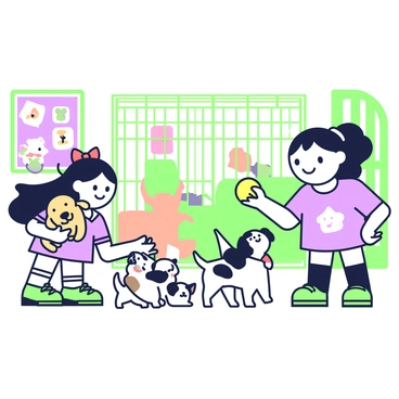 The Powerpuff Girls are at an animal shelter, engaging with various puppies and kittens. Blossom, with her signature red bow, is gently holding a small golden retriever puppy in her arms, smiling happily. Bubbles is kneeling on the floor, surrounded by a group of playful kittens, her hair flowing as she reaches out with both hands to pet them. Buttercup stands nearby, confidently tossing a bright yellow ball for a bouncy black-and-white puppy, which eagerly chases after it. In the background, there are colorful adoption posters on the walls, and several cages with animals waiting for new homes. The scene is lively and filled with joy as the girls share their love for the animals.