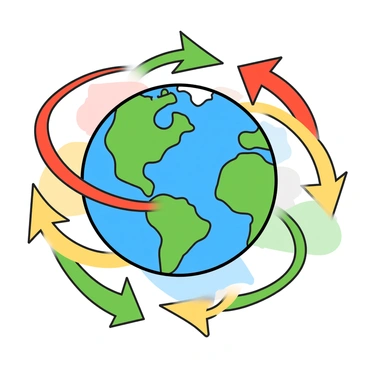 A vibrant illustration of Earth with a blue and green color palette, showcasing its continents and oceans. The Earth is depicted as spinning on its axis, with a clear indication of rotation. Surrounding the planet are several colorful arrows in bright red, yellow, and green, all pointing in circular motion to symbolize movement. The background is filled with a mix of soft and vivid hues to enhance the sense of dynamism and energy in the scene. The arrows are varied in size and thickness, adding depth and visual interest to the overall composition.