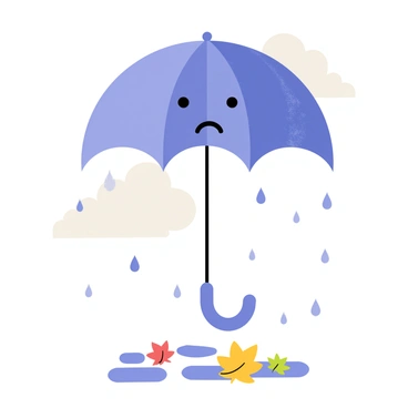 A sad umbrella with a blue canopy has a downturned face illustrated on its surface. The umbrella is drooping slightly, with raindrops falling around it, creating puddles on the ground below. The background is filled with light gray clouds, suggesting a gloomy atmosphere. The umbrella's handle is curved, adding to its melancholic expression, while a few colorful leaves are scattered around, contrasting with the overall somber scene.