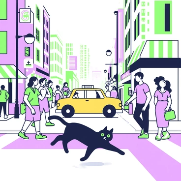 A black cat is weaving through a bustling city street, skillfully darting between pedestrians. The cat has bright green eyes that stand out against its sleek fur. People in the foreground are engaged in various activities, such as walking, chatting, and using their phones. The scene is filled with tall buildings, shop signs, and streetlights illuminating the busy atmosphere. In the background, a yellow taxi cab is driving by, while a group of pedestrians is waiting at a crosswalk. The pavement is textured with the marks of everyday life.